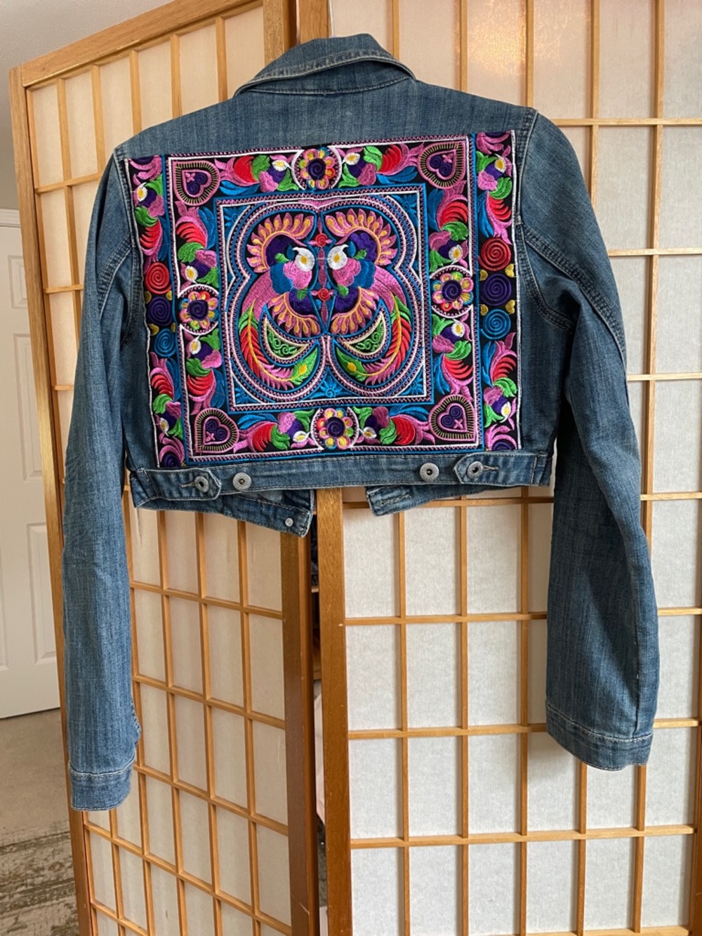 Upcycled Dollhouse Cropped Distressed Denim Jacket with Bird Hmong embroidery M